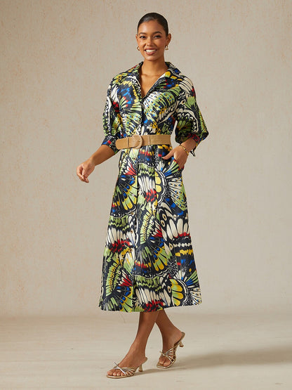 Jungle Butterfly Satin Trench-Style Maxi Dress