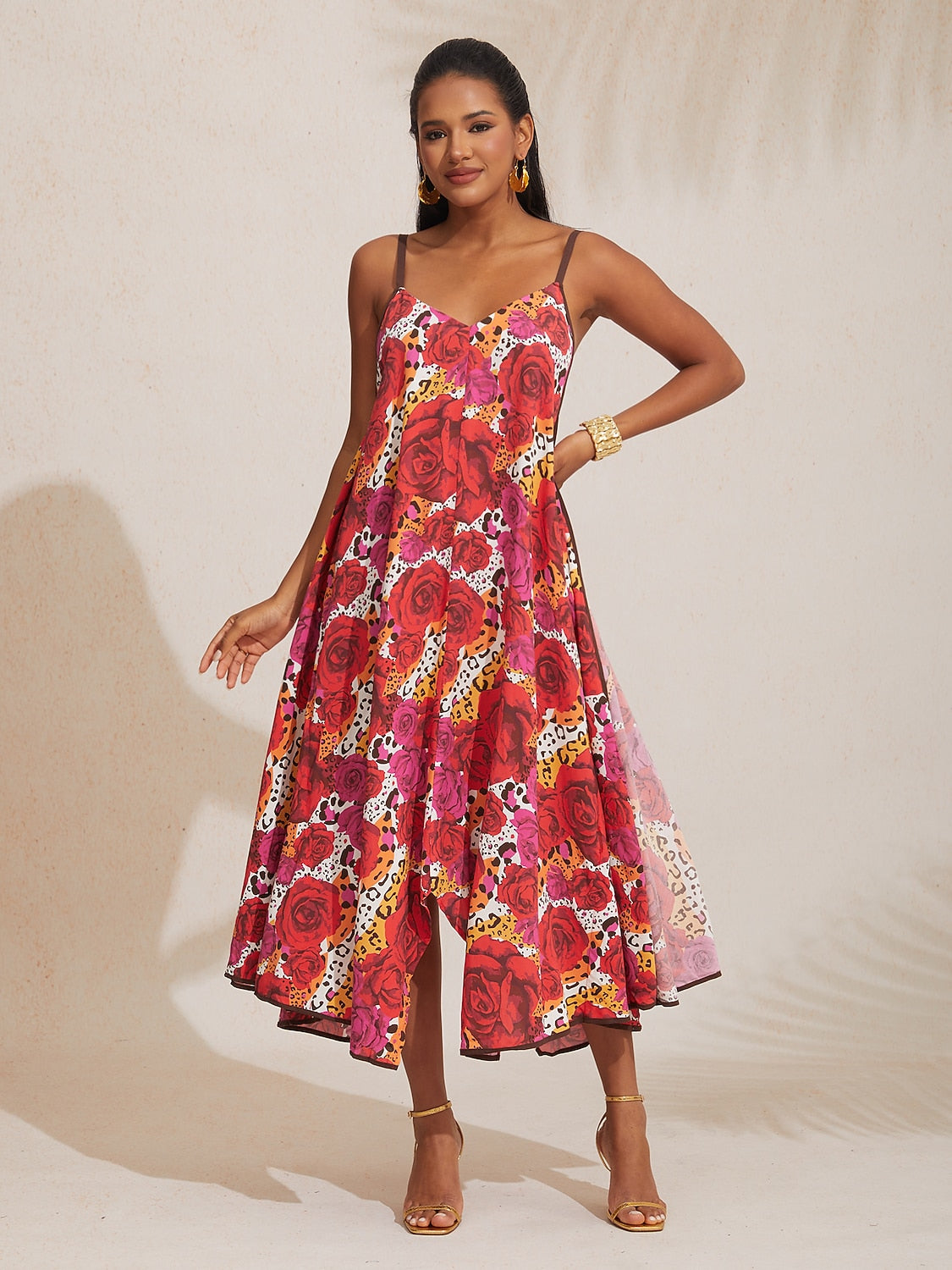 Vestido Midi de Tirantes Asimétricos con Cuello en V de Rayón