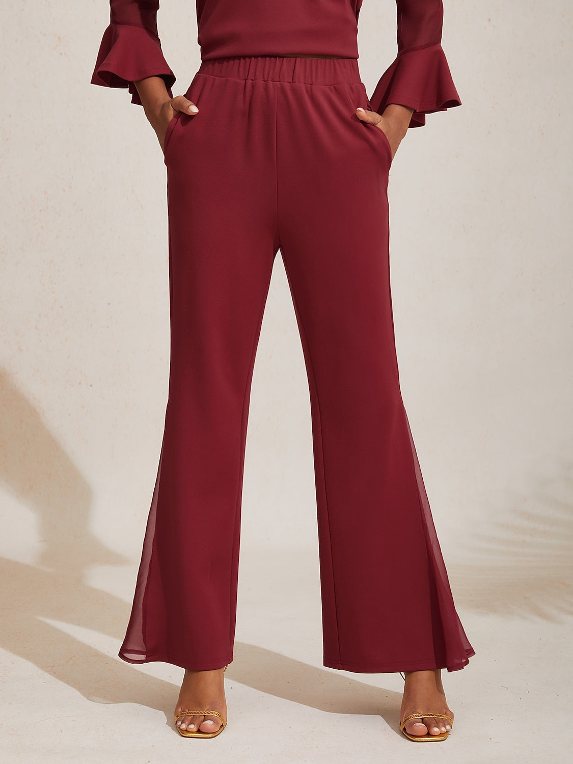 Elegant Chiffon Sheer Panels Flared Pants