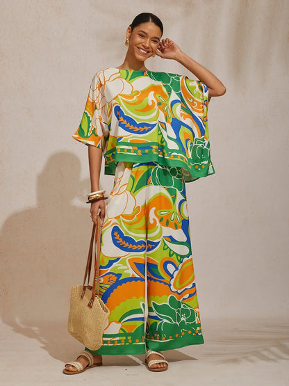 Summer Night Palm Silky Satin Wide Leg Pants