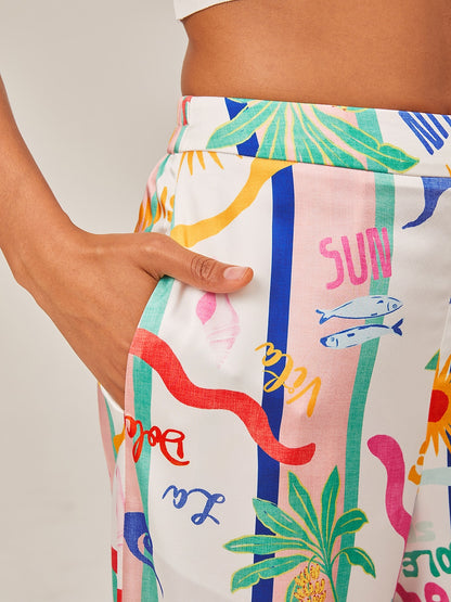 Tropical Print Wide-Leg Pants