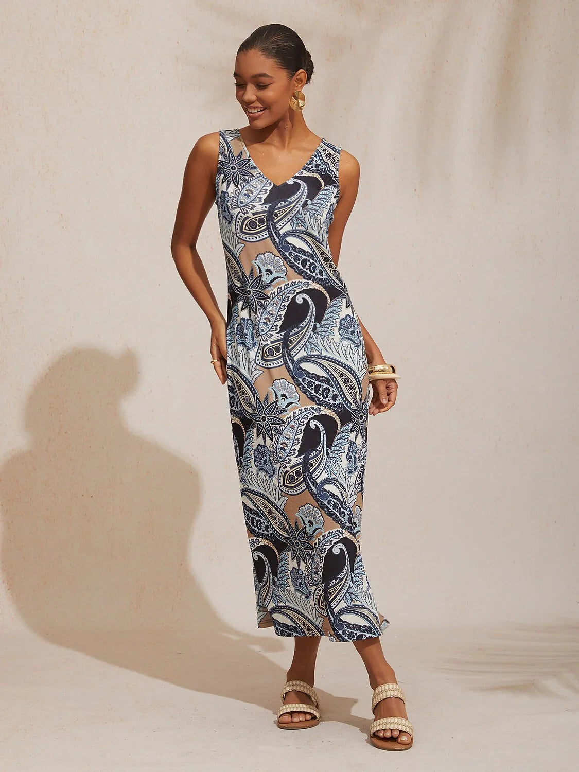 Abstract Paisley Fitted High Stretch Knit Maxi Dress