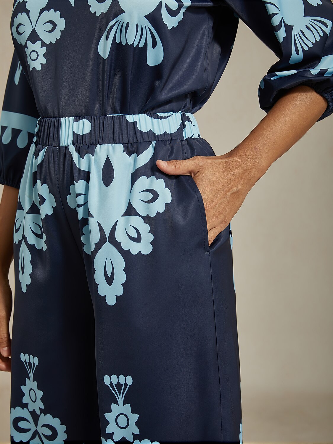 Blue Floral Print Shirt Collar Satin Blouse