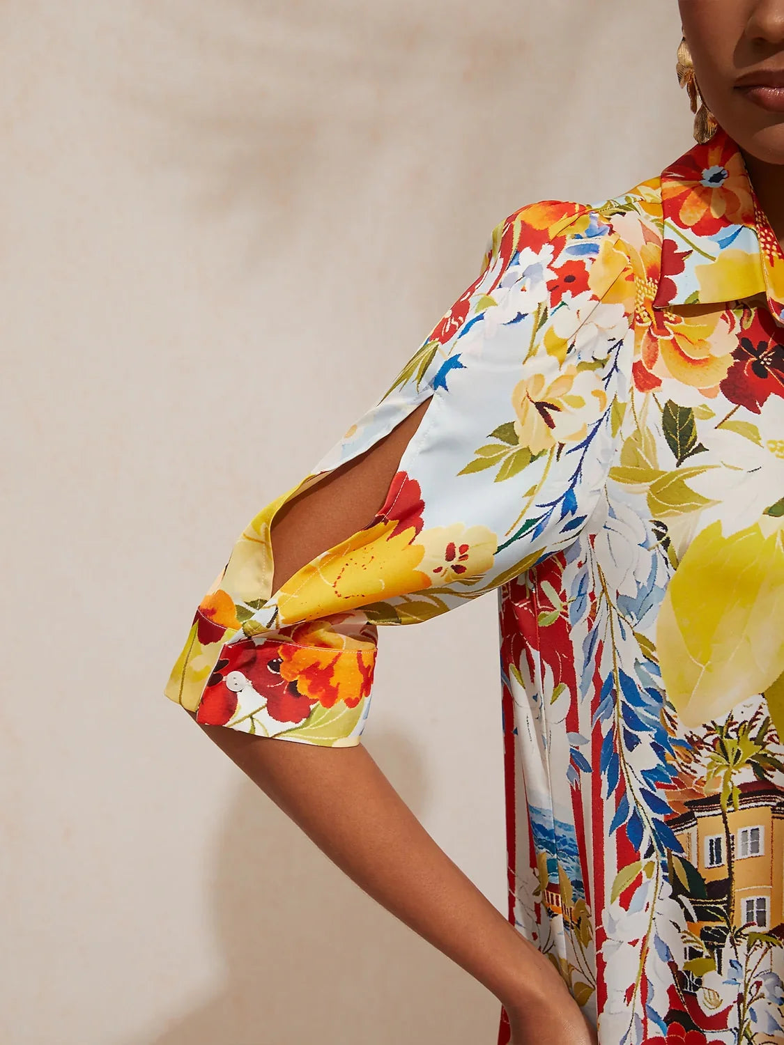 Mallorca Blossom Silky Satin Straight Shirt Dress
