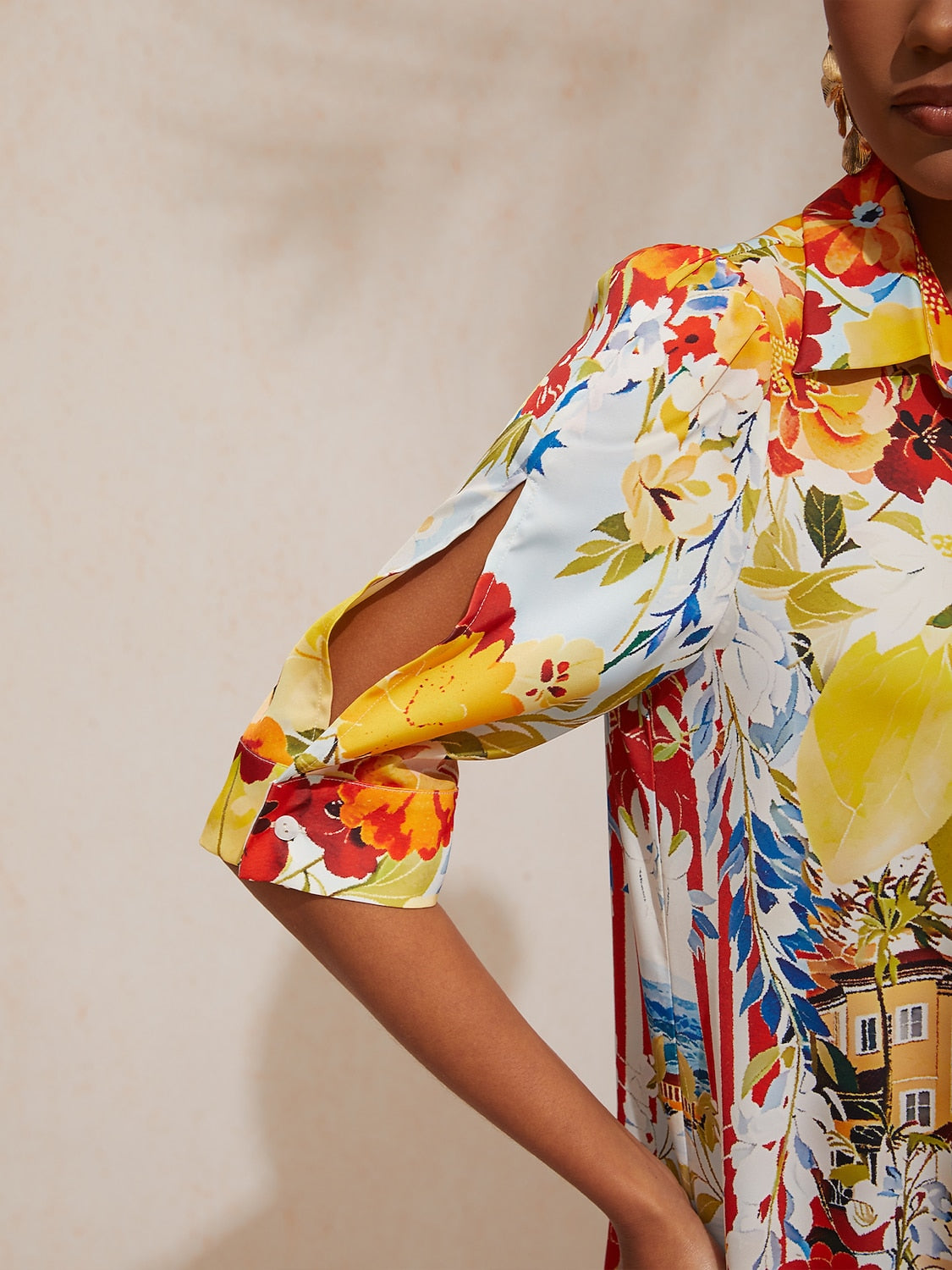 Ocean Blue Orchid Silky Satin Floral Shirt Dress