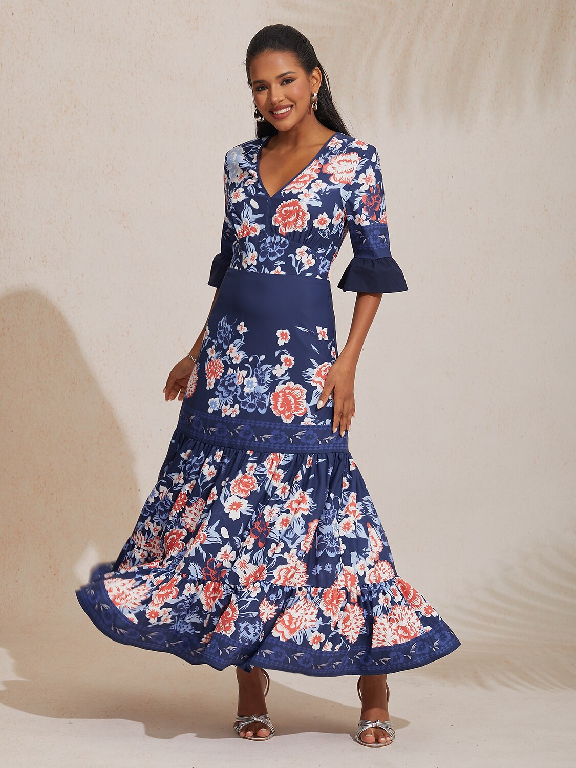 Satin V-Neck Tiered Hem Floral Print Vacation Maxi Dress