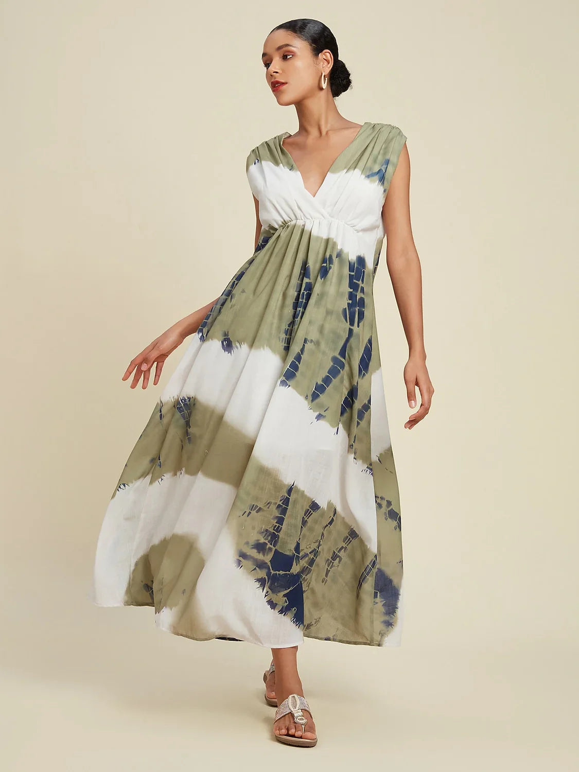 Linen Like Tie dye Print Vacation Style Sleeveless Maxi Dress