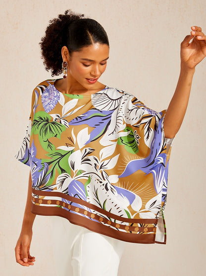 Boho-Paisley-Oberteil aus seidigem Satin mit Dolman-Ärmeln