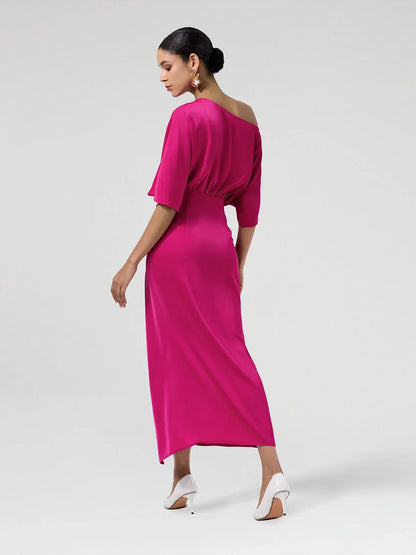 Satin Knotted Wrap Drop Shoulder Maxi Dress