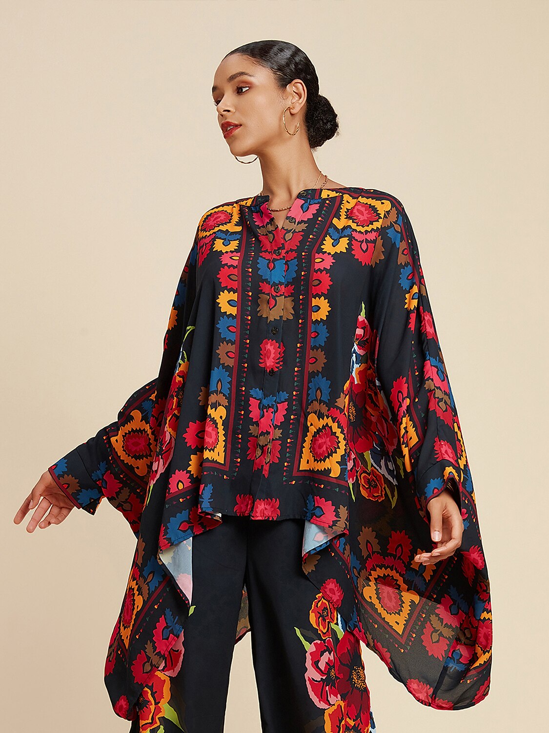 Chiffon Floral Print Lapel Ethnic Style Top