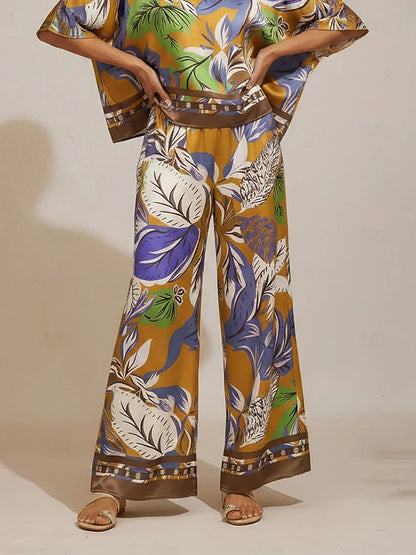 Wild Hibiscus Dream Silky satin wide leg pants