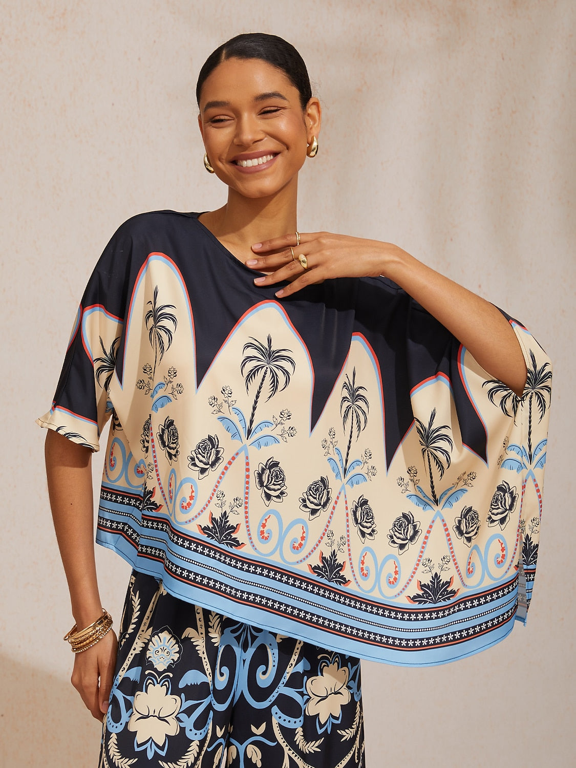 Summer Night Palm Silky Satin Dolman Sleeve Batwing Top