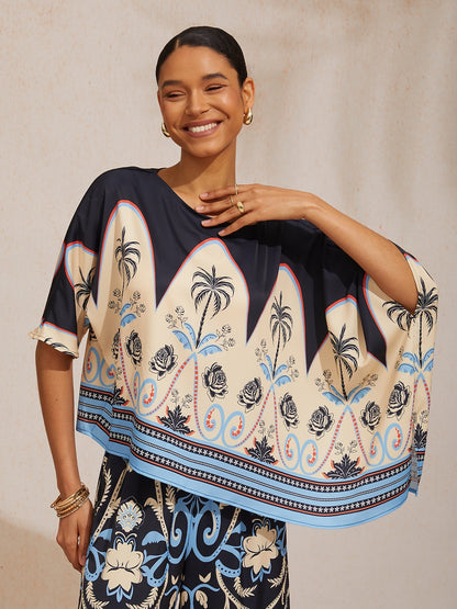 Summer Night Palm Silky Satin Dolman Sleeve Batwing Top