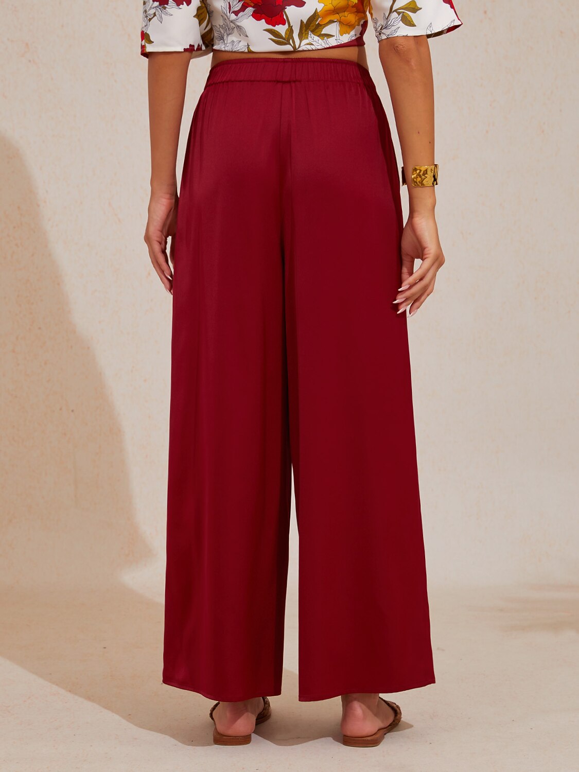 Silky Satin Red Elastic Waist Wide Leg Pants
