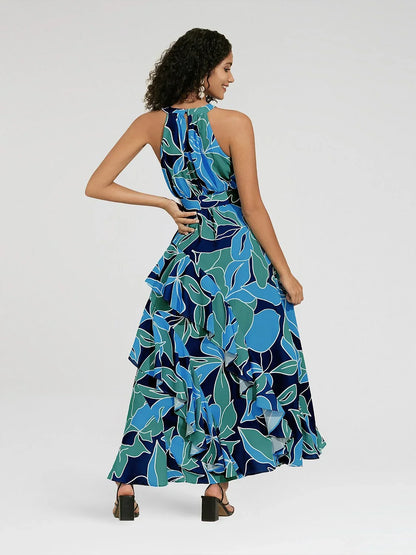 Chiffon Floral Print Halter Neck Ruffle Maxi Dress