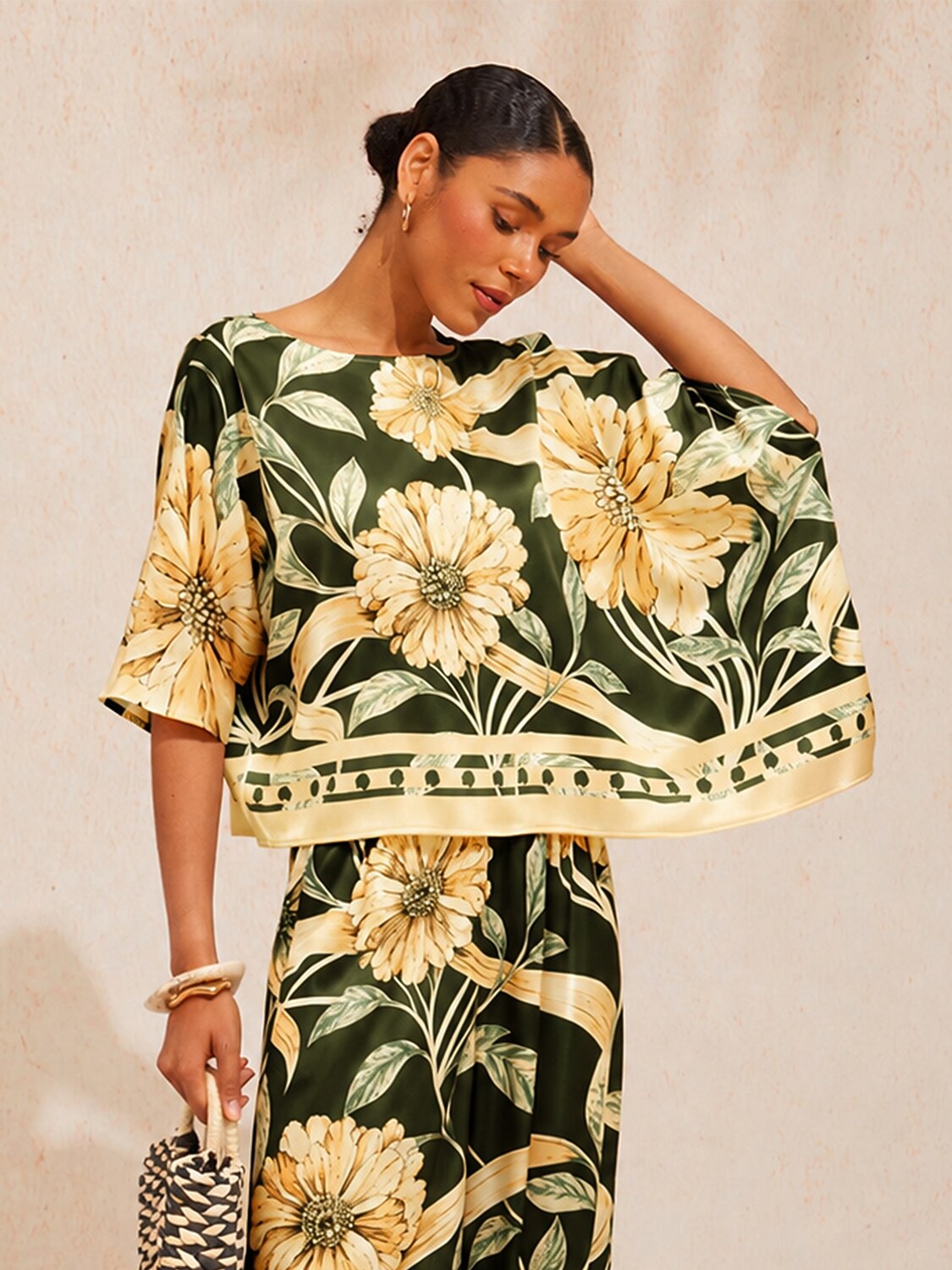 Cream Yellow  Petal  Satin Dolman Sleeve Top