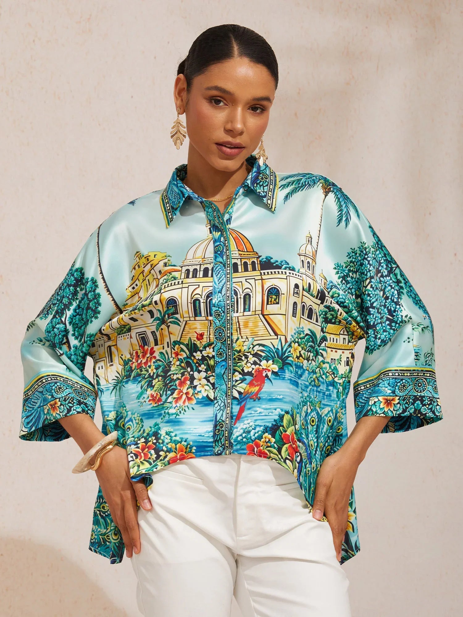 Haut Dolman Manches en Satin Bleu Soie des Baléares