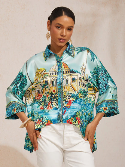 Vintage Leopard Jewelry Silky Satin Dolman Sleeve Shirt