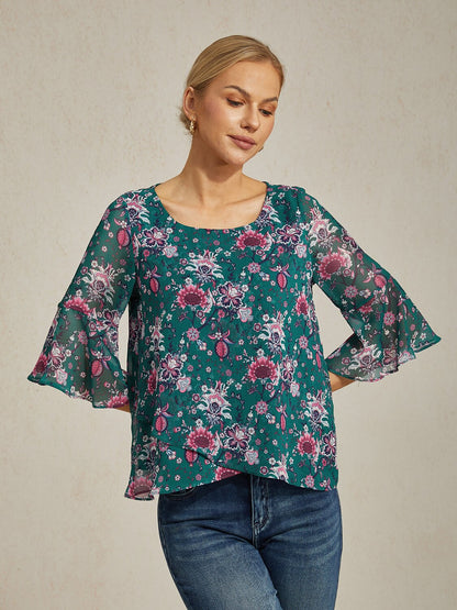 Floral Print Sheer Flowy Chiffon Blouse