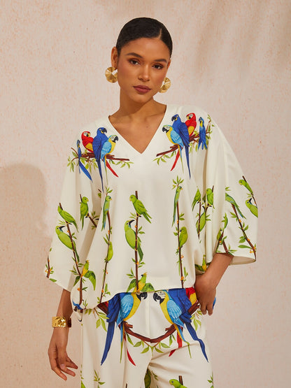 Emerald Empress Silky Satin V-Neck Batwing Top