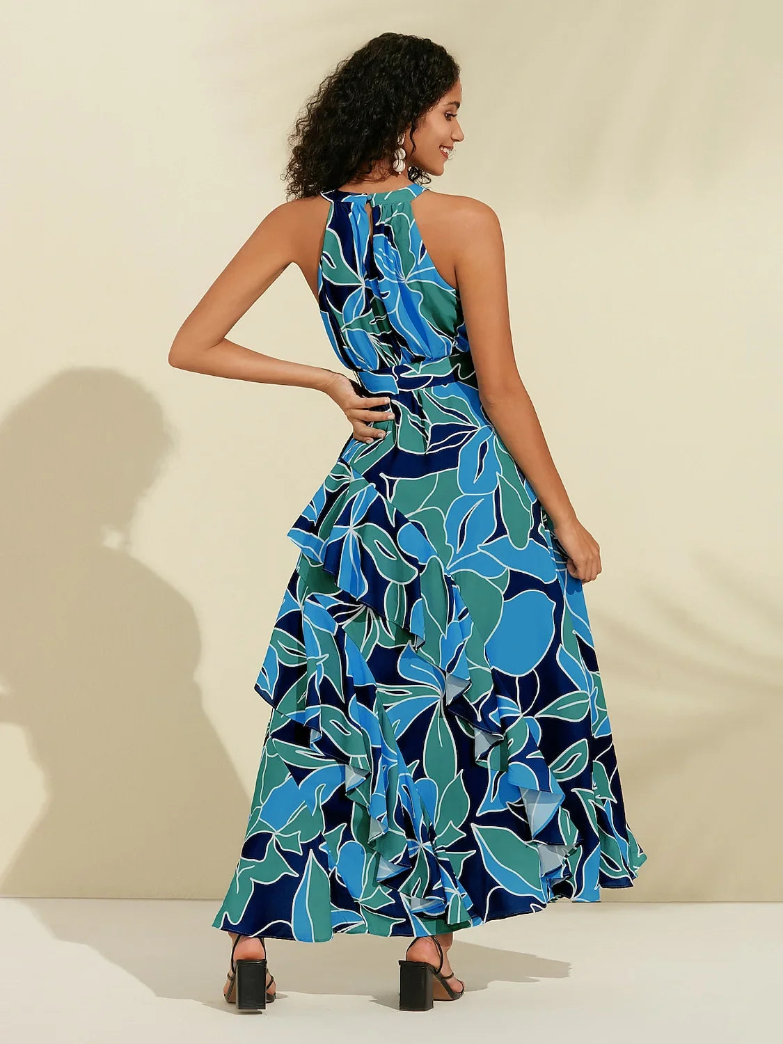 Chiffon Floral Print Halter Neck Ruffle Maxi Dress