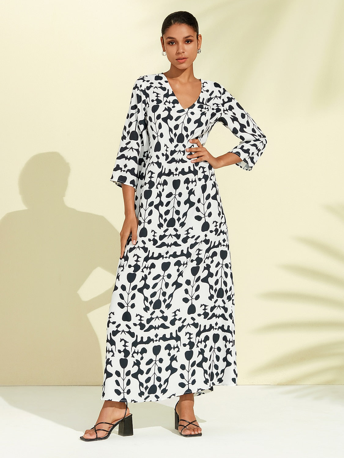 Robe Longue Satin à Imprimé Floral Géométrique pour Vacances