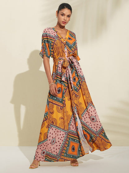 Folk Print V Neck Maxi Chiffon Dress
