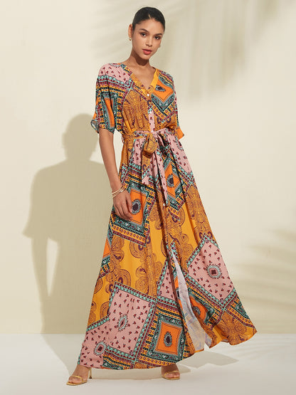 Ethnic Style Flowy Chiffon Maxi Dress