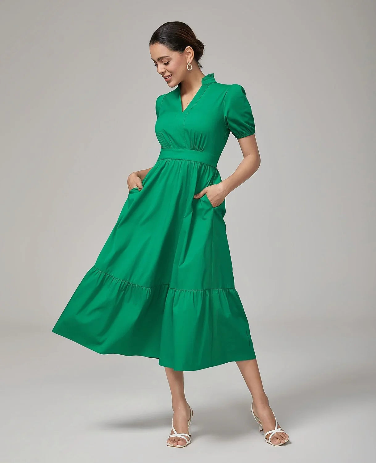 Deep Moss Green Cotton Puff Sleeve Dress