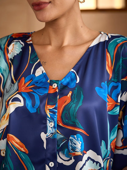 Blue Watercolor Iris Satin Batwing Top