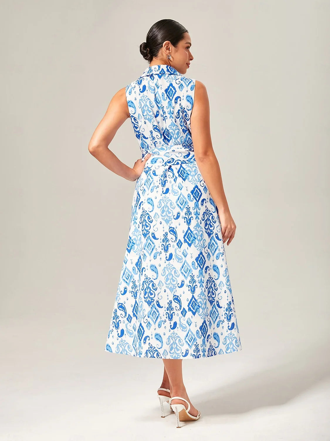 Monochrome Print Linen Like Shirt Midi  Dress
