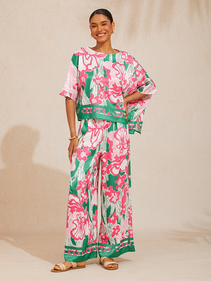Pastel Floral Garden Silky Satin Dolman Batwing Top