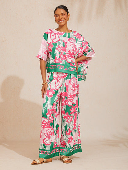 Pink Jungle Flora Silky Satin Wide Leg Pants