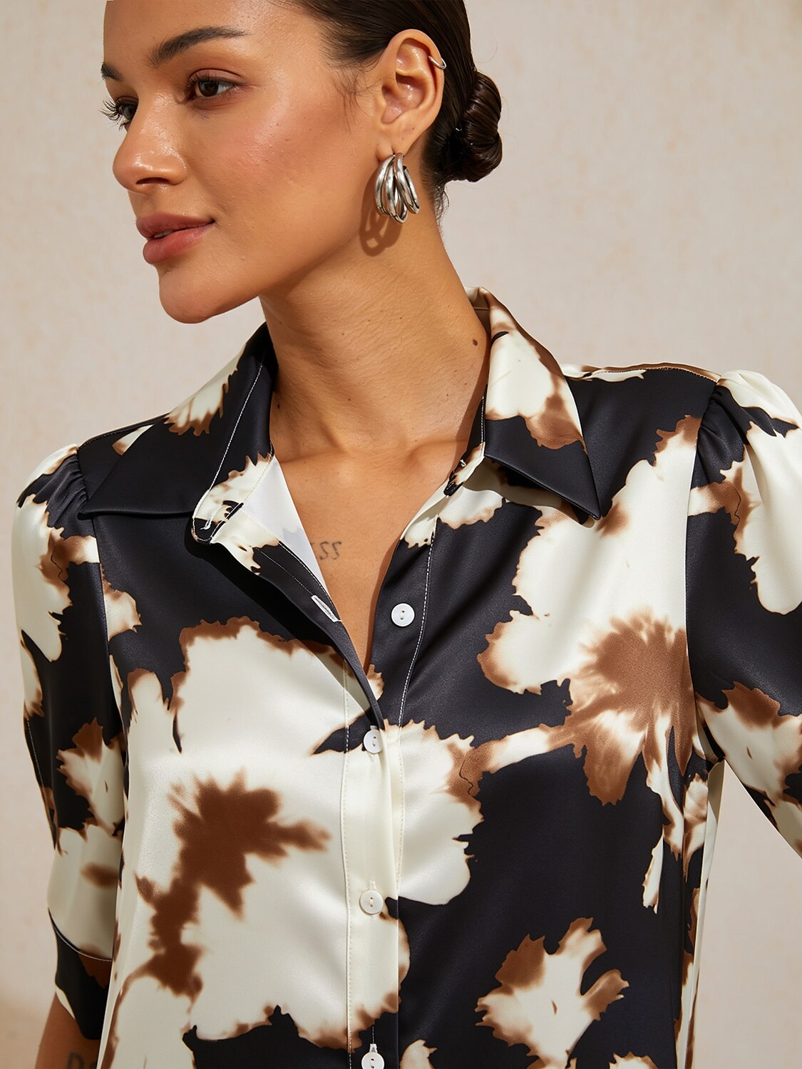 Sepia Noir Bloom Silky Satin Shirt Dress