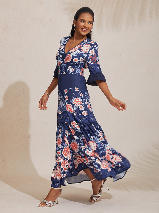 Satin V-Neck Tiered Hem Floral Print Vacation Maxi Dress