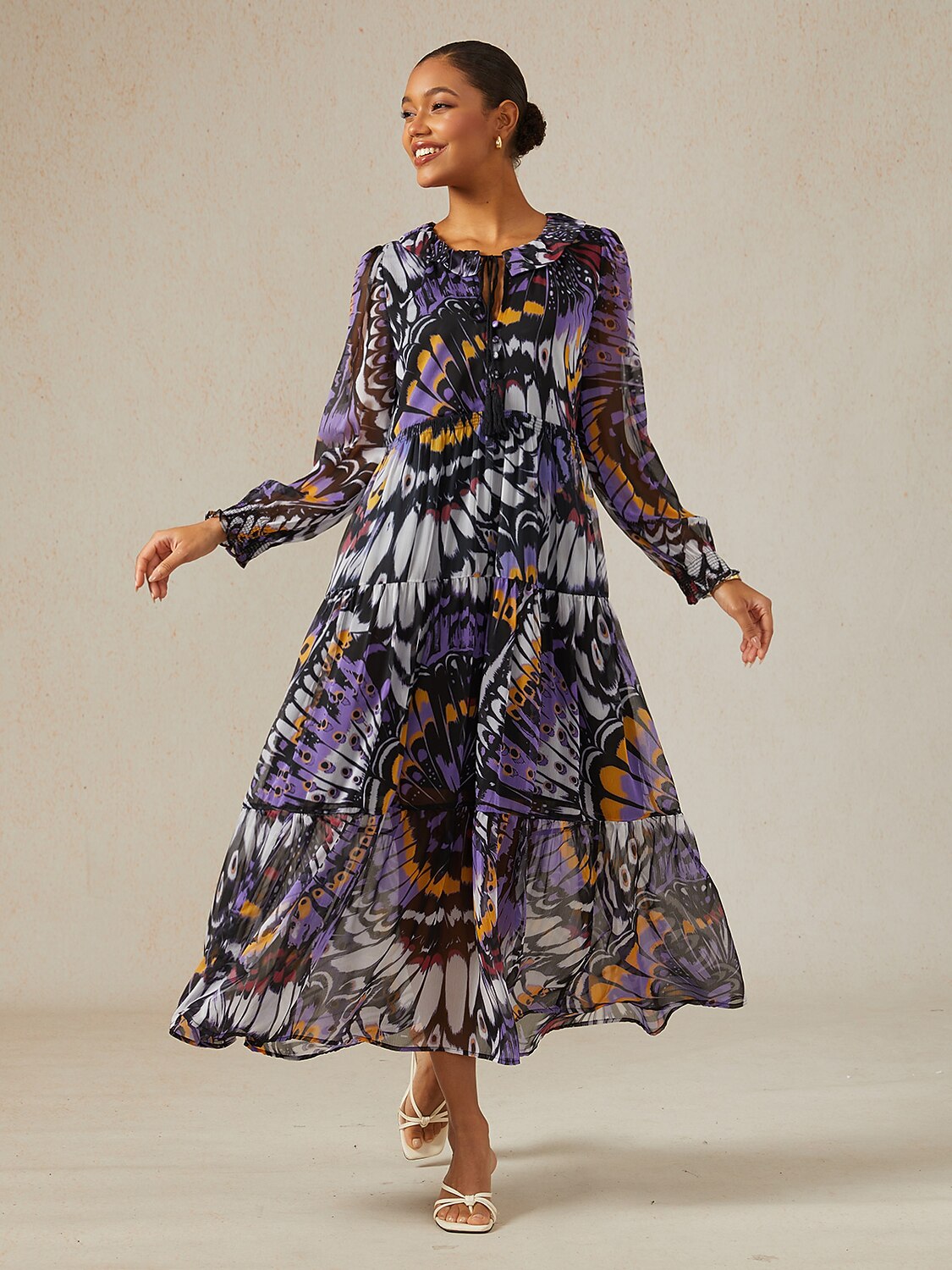 Jungle Butterfly Flowy Chiffon Maxi Dress
