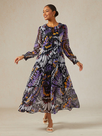 Jungle Butterfly Flowy Chiffon Maxi Dress
