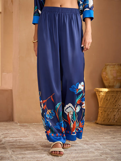 Blue Watercolor Iris  Satin Wide Leg Pants