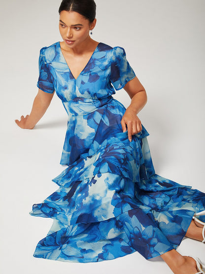 Floral Bloom Flowy Chiffon Tiered Maxi Dress