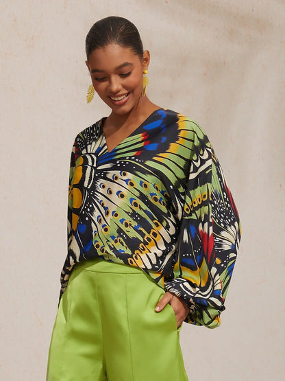 Jungle Butterfly Silky Satin Top