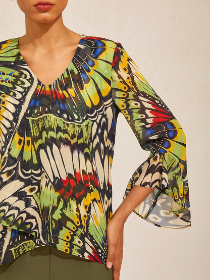 Green Mandala Floral Flowy Chiffon Blouse