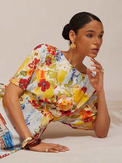 Fließendes Chiffon-Maxikleid „Spring Blooms“ mit Taillenschnürung