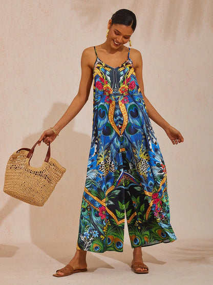 Jungle Wild Party Silky Satin Feather Jumpsuit