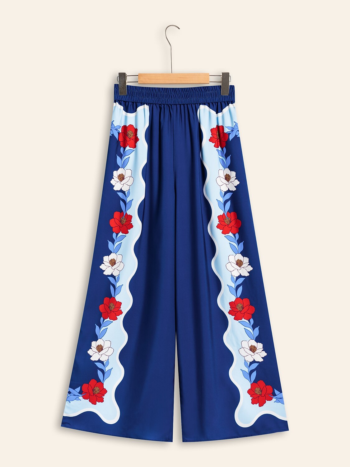 Satin Loose Wide Leg Vacation Artistic/ Retro Printing Causal Pants