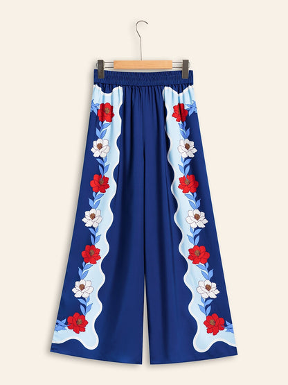 Satin Loose Wide Leg Vacation Artistic/ Retro Printing Causal Pants