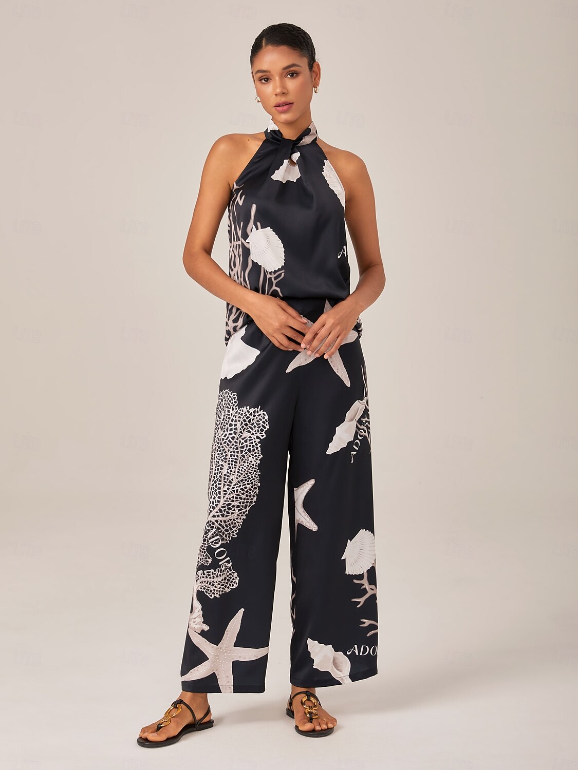 Vacation Style Ocean Print Satin Sleeveless Set
