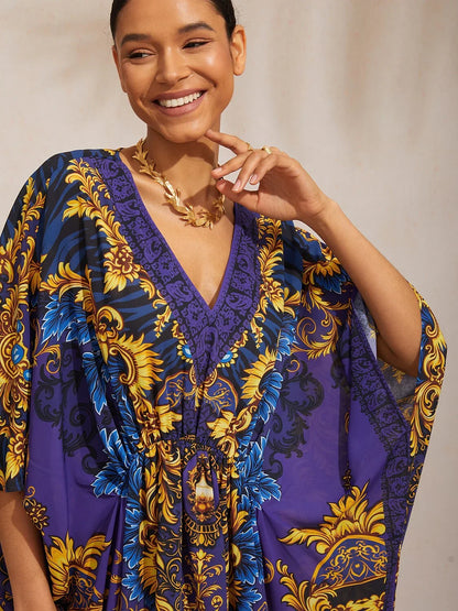 Midnight Blue Baroque Flowy Chiffon Dolman Sleeve Kaftan