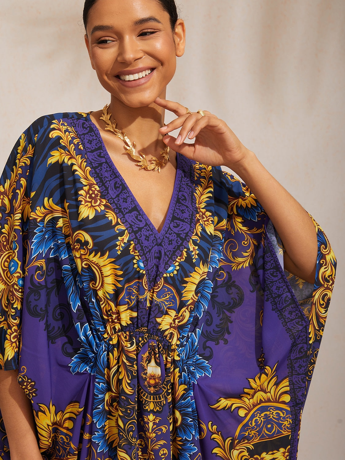 Midnight Purple Baroque Flowy Chiffon Dolman Sleeve Kaftan