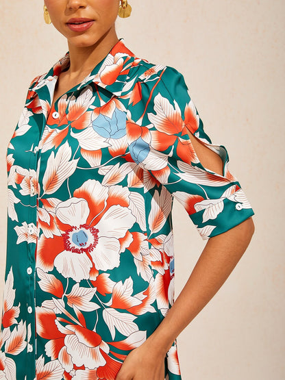 Deep Green Hibiscus Silky Satin Shirt Dress