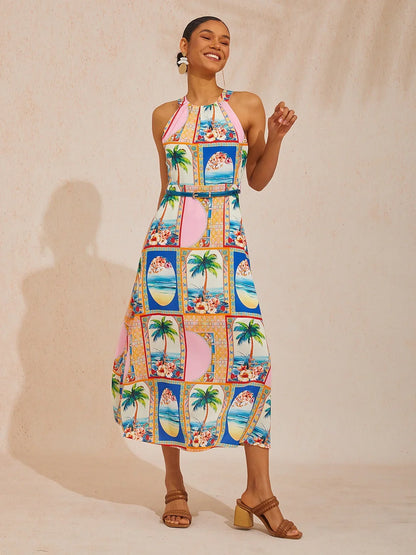Summer Escape Geometric Waist-cinching Satin Maxi Dress